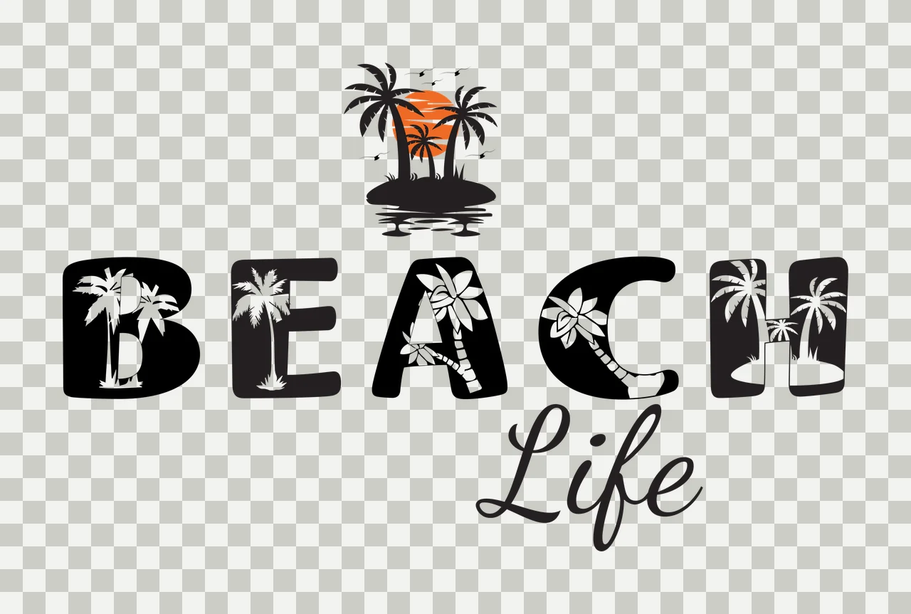 BEACH Life BEACH Life logo Design with black letters B E A C H, white palm tree silhouettes inside letter shapes, orange sun behind black island silhouette and white flowers on letter A and letter H transparency and detail preview thumbnail