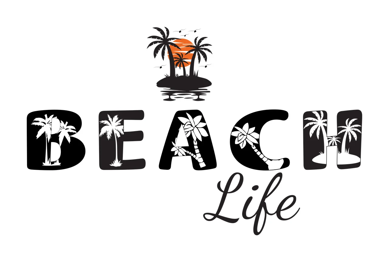 BEACH Life BEACH Life logo Design with black letters B E A C H, white palm tree silhouettes inside letter shapes, orange sun behind black island silhouette and white flowers on letter A and letter H
