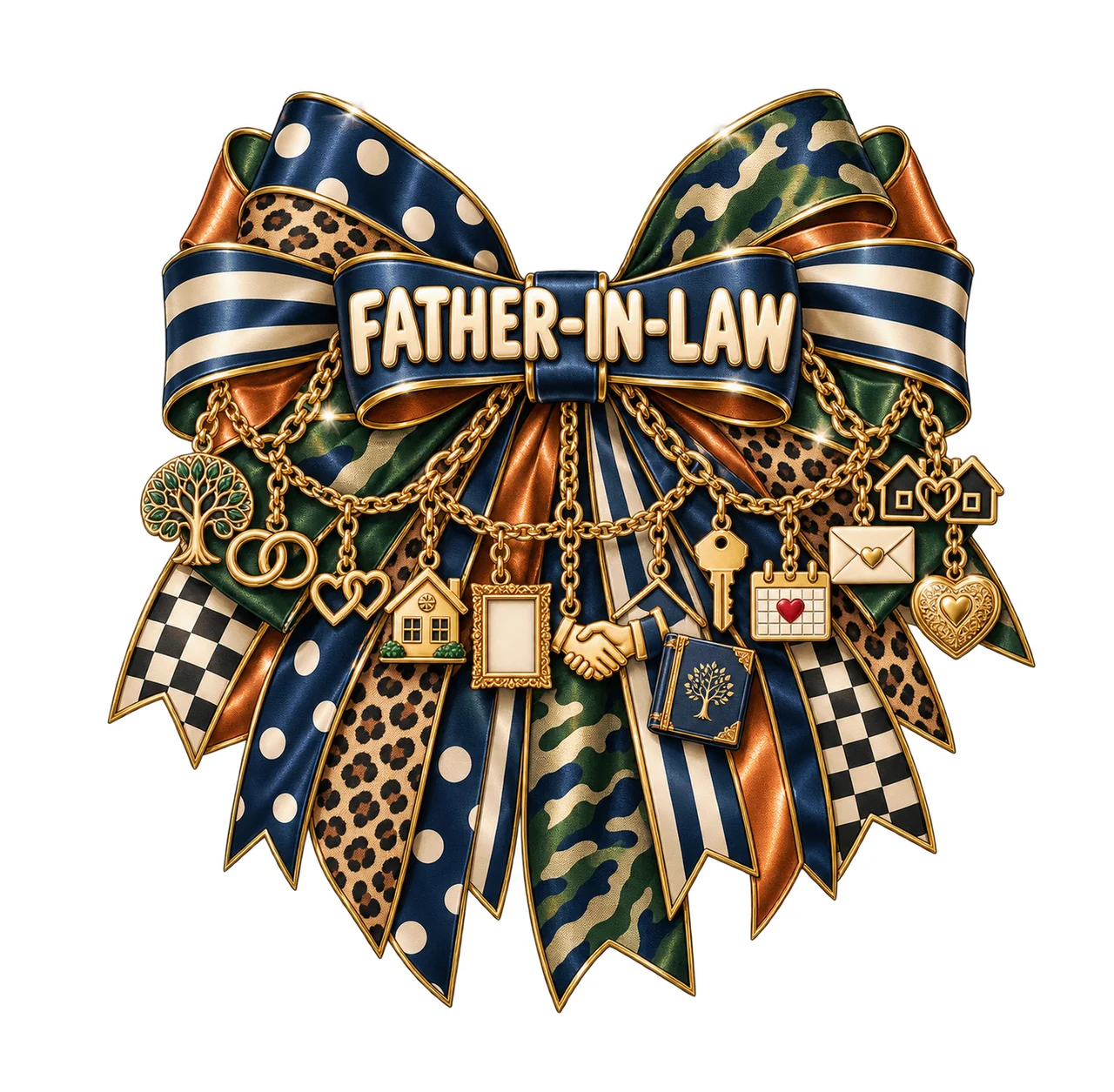 Father-in-Law Bow Charm PNG, Gold Chain Charms, Transparent Sublimation Design, Digital Download