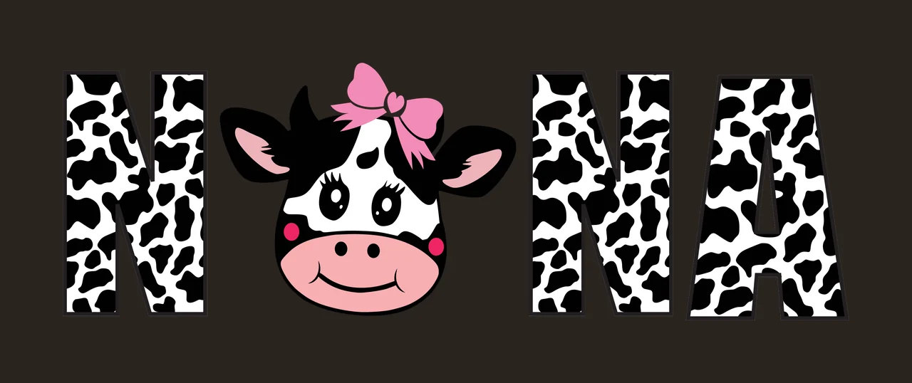 NONA Typography Design with letter N, cartoon cow head, pink hair bow and cow spots pattern in black and white contrast preview thumbnail