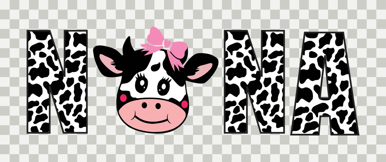 NONA Typography Design with letter N, cartoon cow head, pink hair bow and cow spots pattern in black and white transparency and detail preview thumbnail