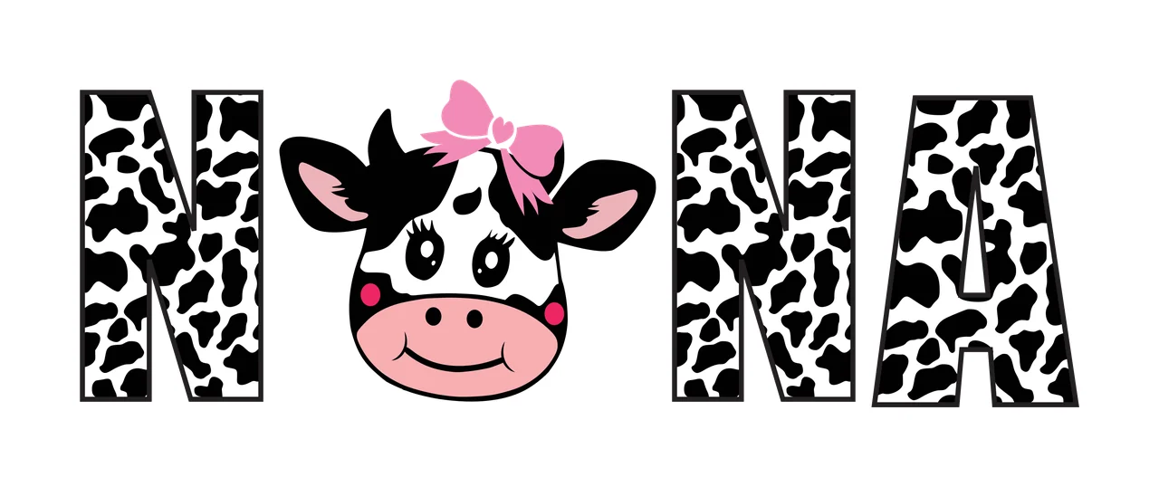 NONA Typography Design with letter N, cartoon cow head, pink hair bow and cow spots pattern in black and white