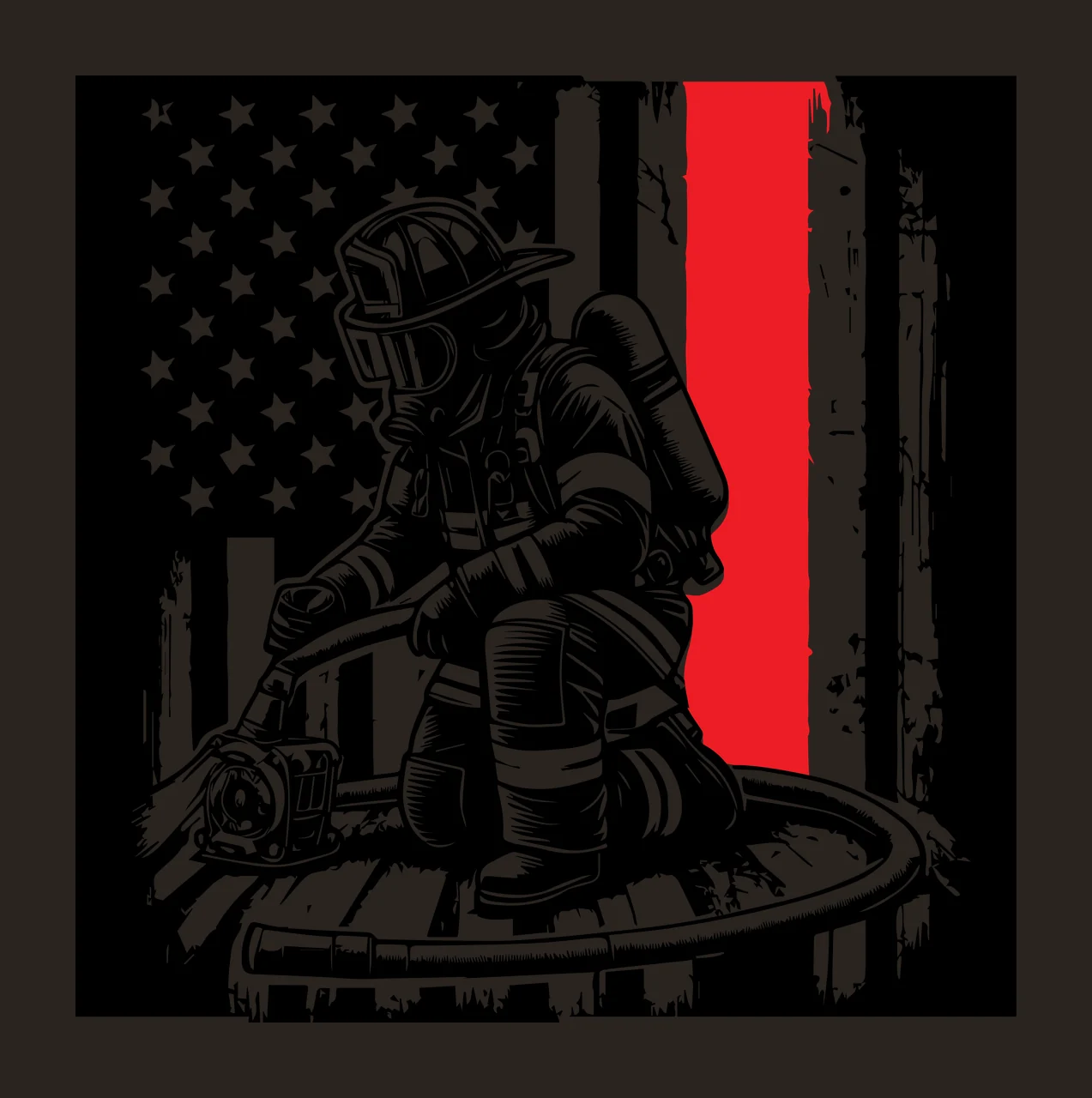 Flag Firefighter Kneeling Before American hose fire helmet contrast preview thumbnail