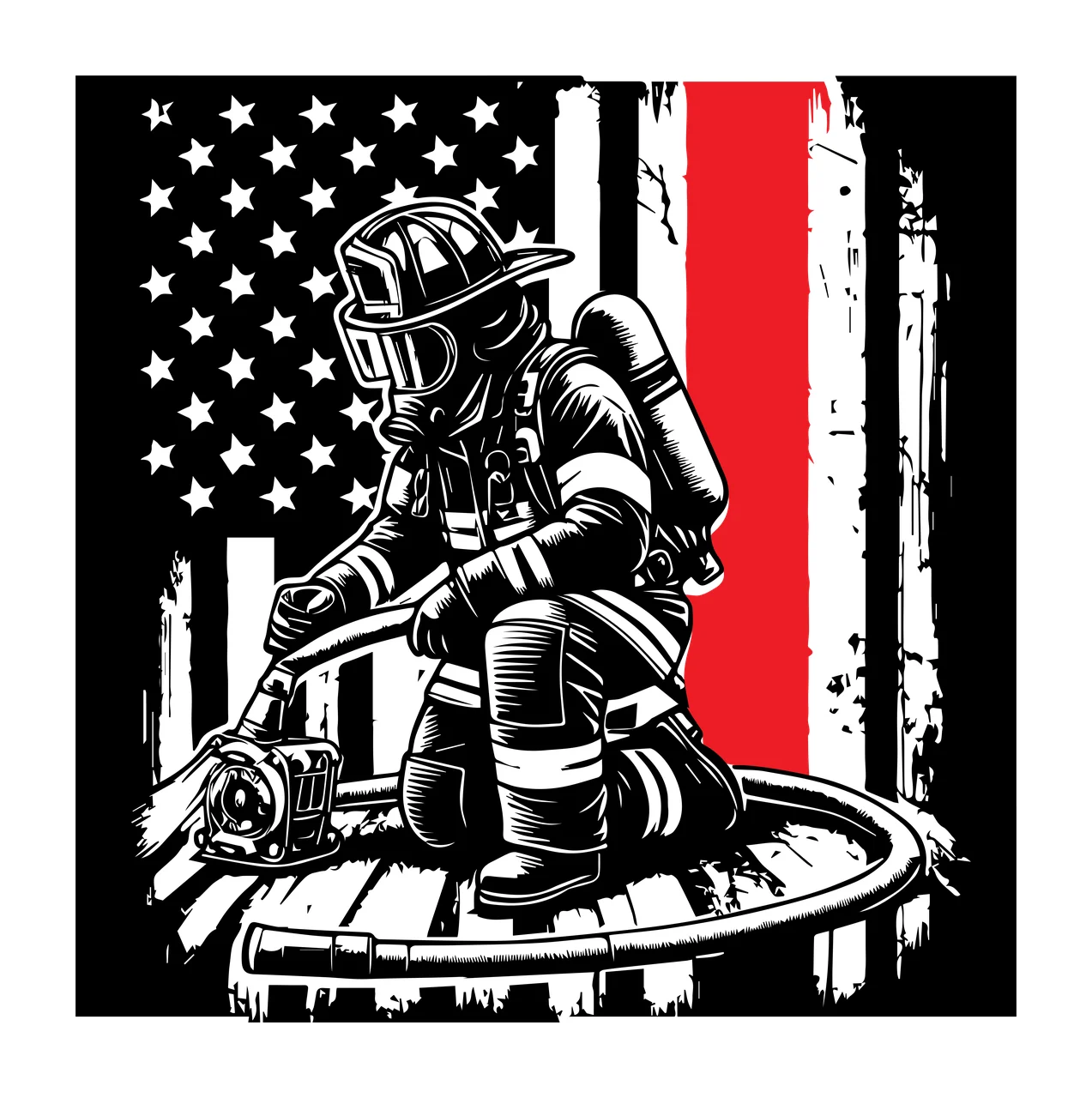 Flag Firefighter Kneeling Before American hose fire helmet