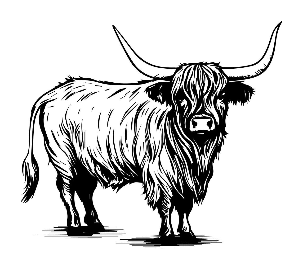 Highland Cow Cattle With Long Horns standing hair hooves tail