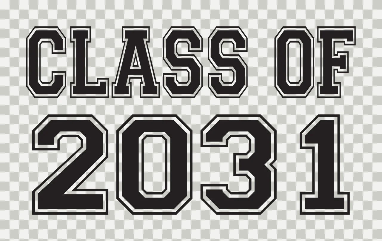CLASS OF 2031 Typography Design with black text with white outline, two-line layout, bold block letters and numbers 2031 transparency and detail preview thumbnail