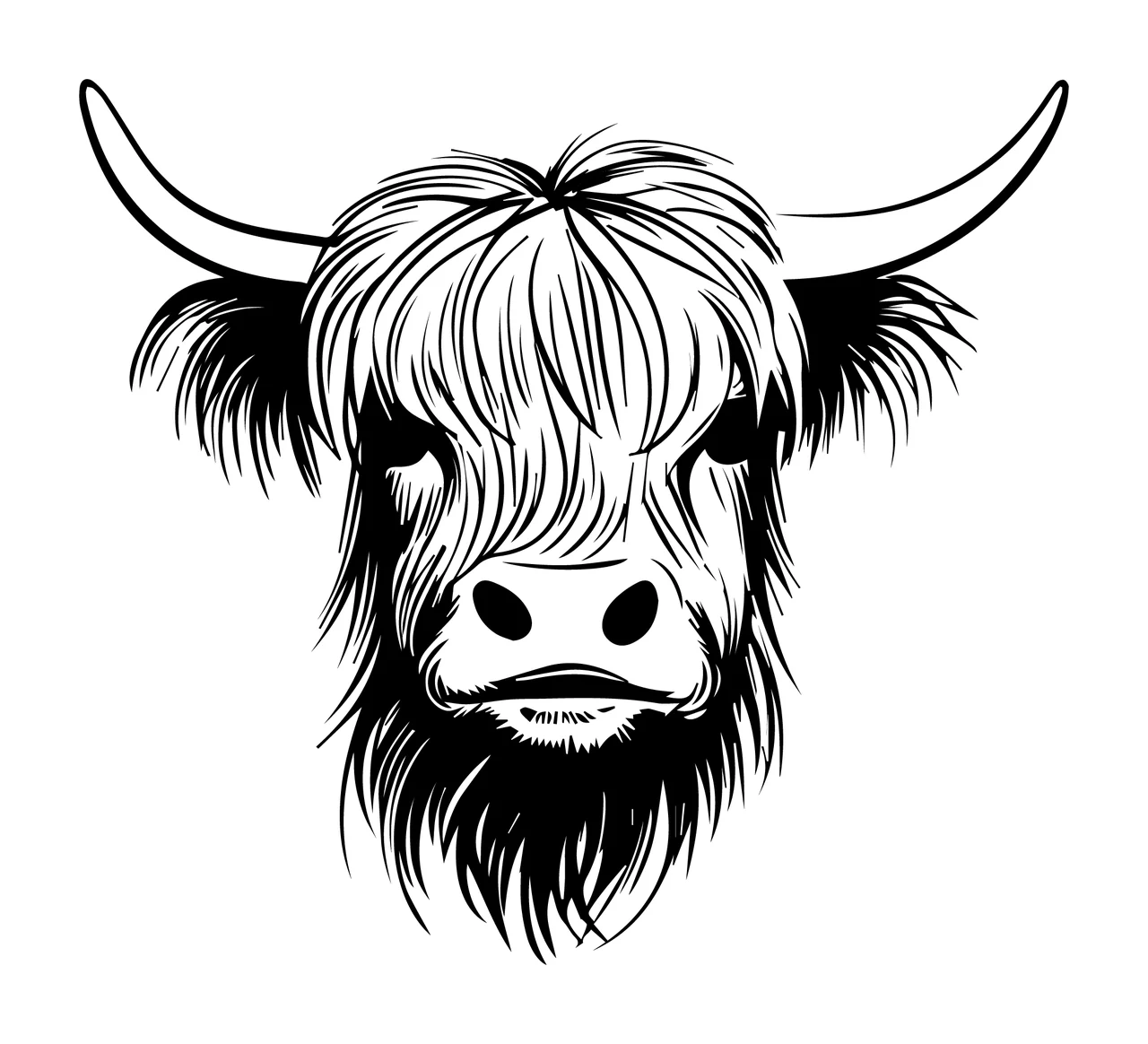 Hairy Bull Head Front View looking forward horn fur line art