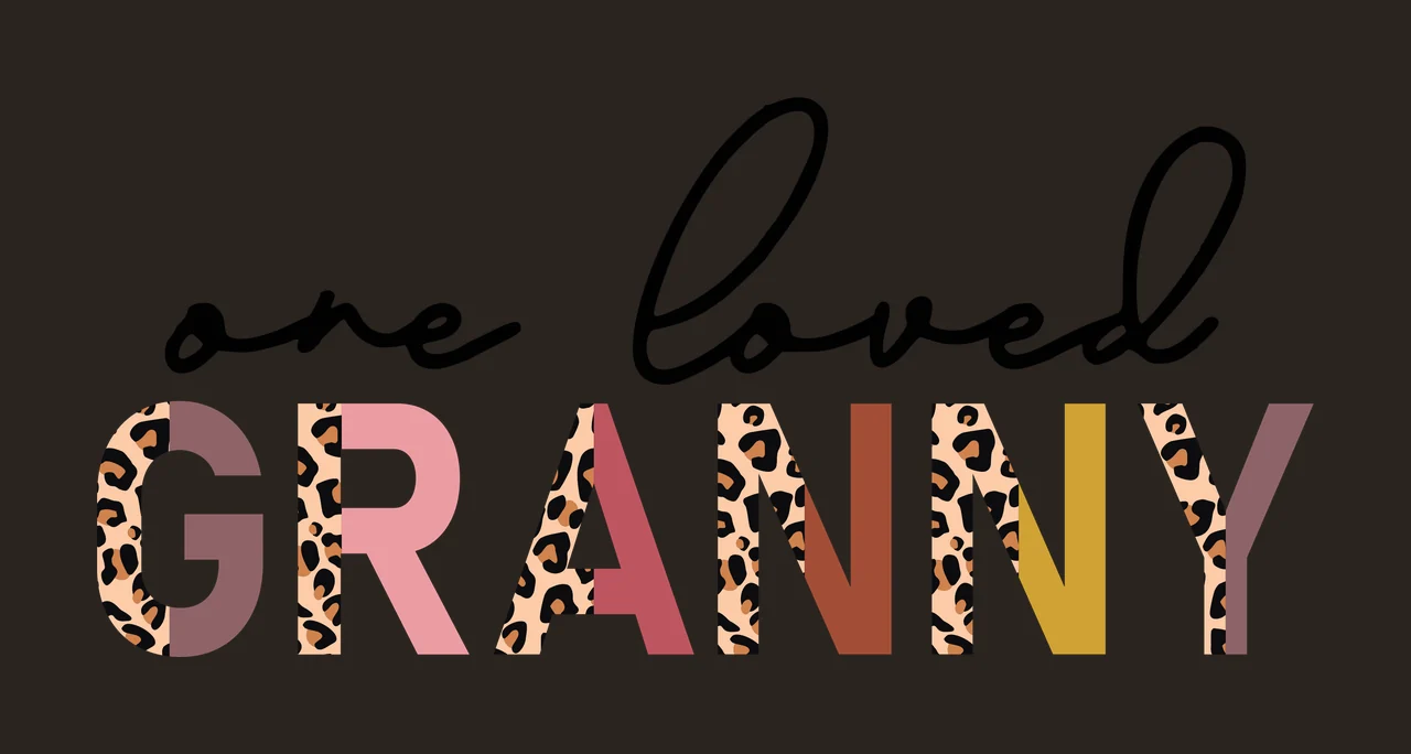 One loved GRANNY Typography Design with black cursive script 'one loved', leopard print letters in 'GRANNY', pastel gradient letters in 'GRANNY' and white background in beige and brown contrast preview thumbnail