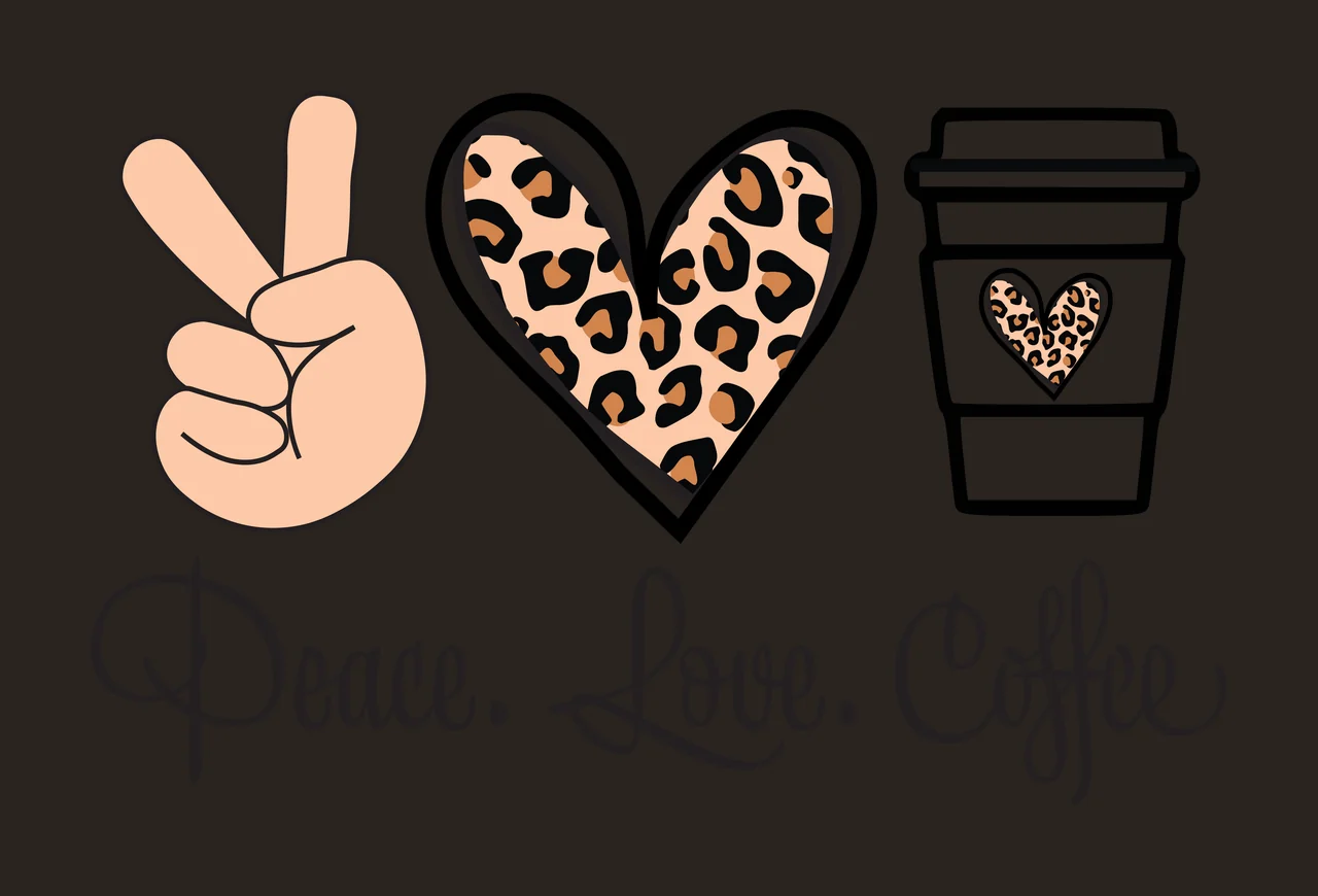 Peace. Love. Coffee Leopard print peace sign, heart, and coffee cup Design with peace sign hand gesture and cursive text in beige, brown and black contrast preview thumbnail