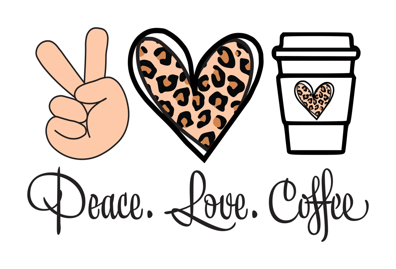 Peace. Love. Coffee Leopard print peace sign, heart, and coffee cup Design with peace sign hand gesture and cursive text in beige, brown and black
