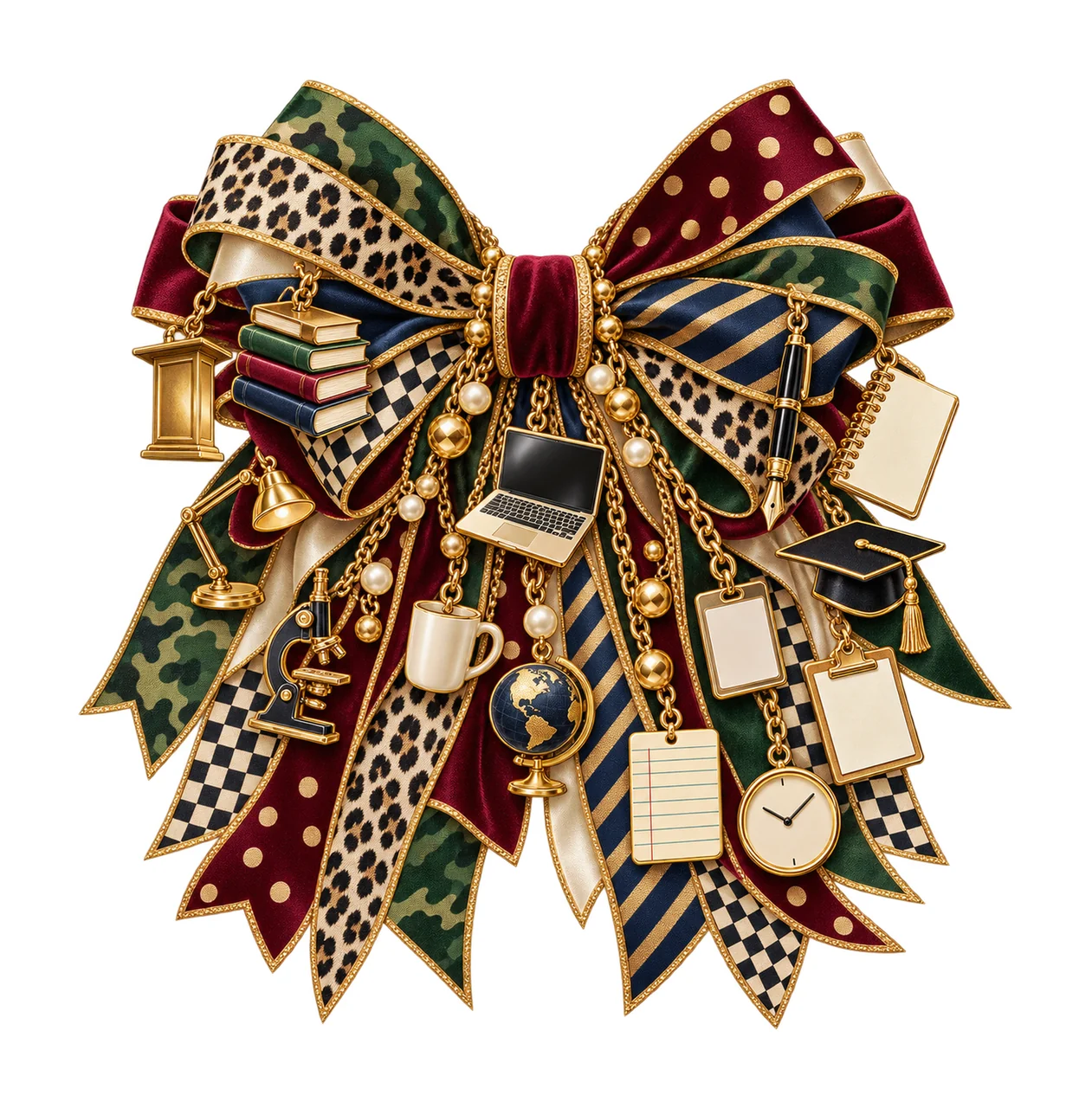 College Professor Bow Charm PNG, Themed Gold Chain Charms, Coquette Ribbon Sublimation Design, Transparent Digital Download