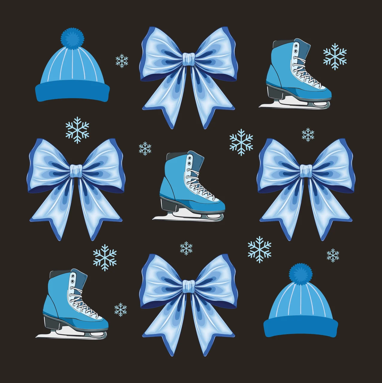 Black Silhouette Winter Hats Skates And Bows items arranged in a grid contrast preview thumbnail
