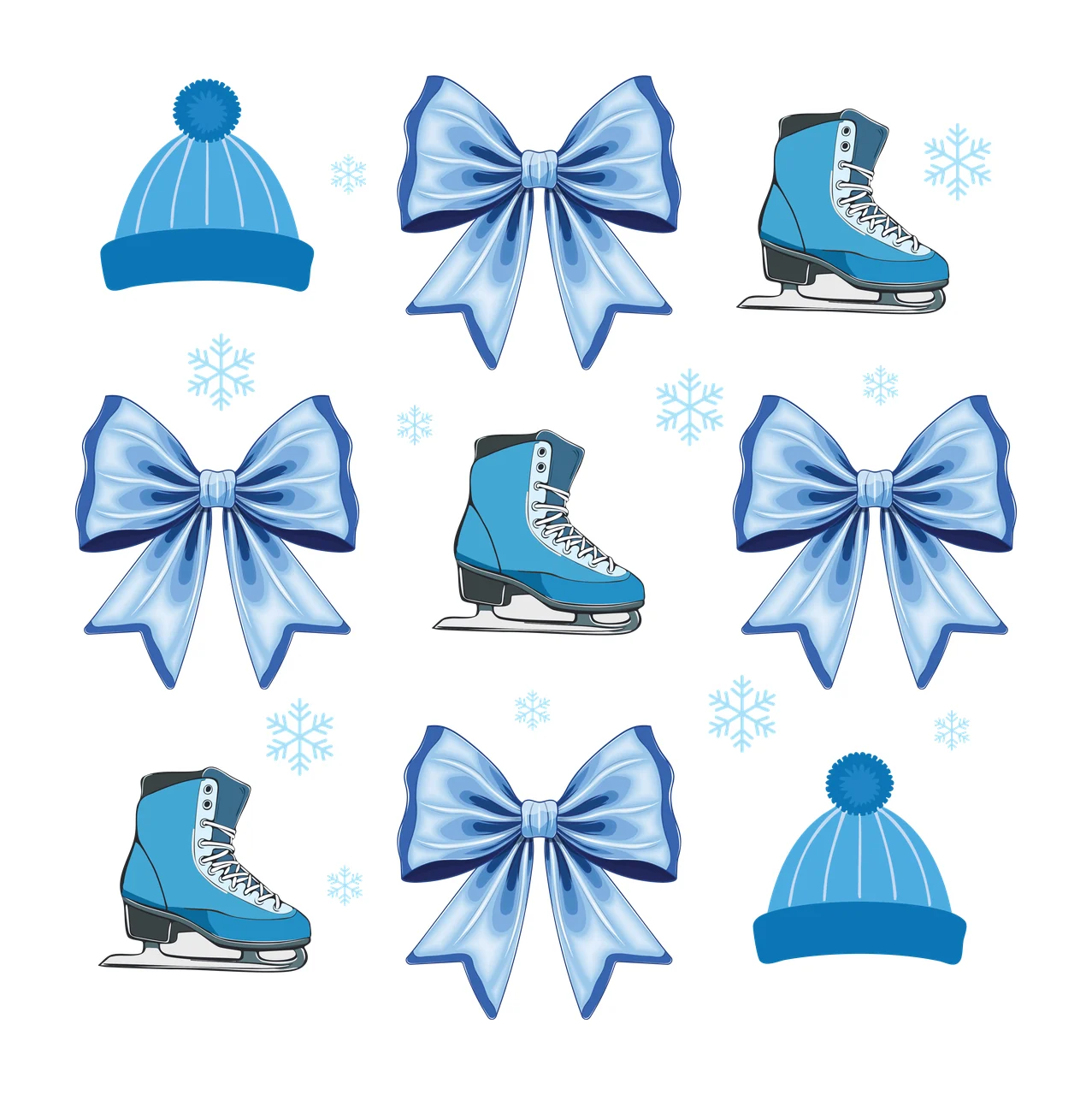 Black Silhouette Winter Hats Skates And Bows items arranged in a grid
