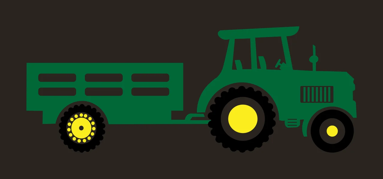 Green tractor with utility trailer Illustration with farm tractor, wheels, tires and hitch in yellow and black contrast preview thumbnail