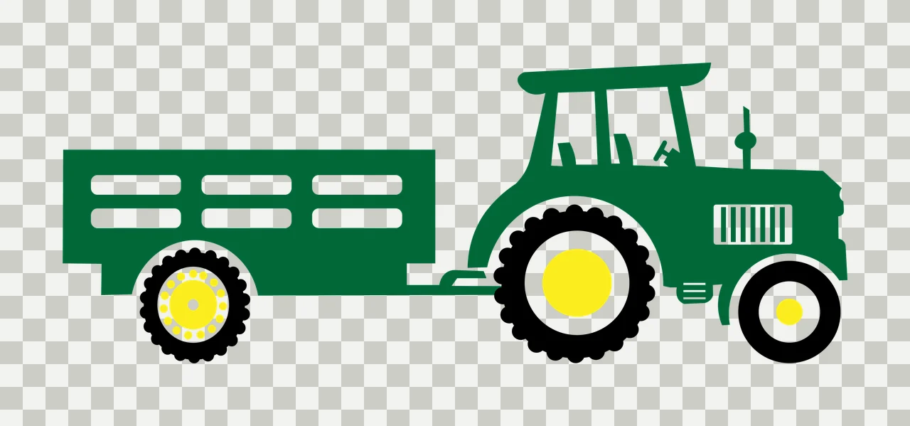 Green tractor with utility trailer Illustration with farm tractor, wheels, tires and hitch in yellow and black transparency and detail preview thumbnail