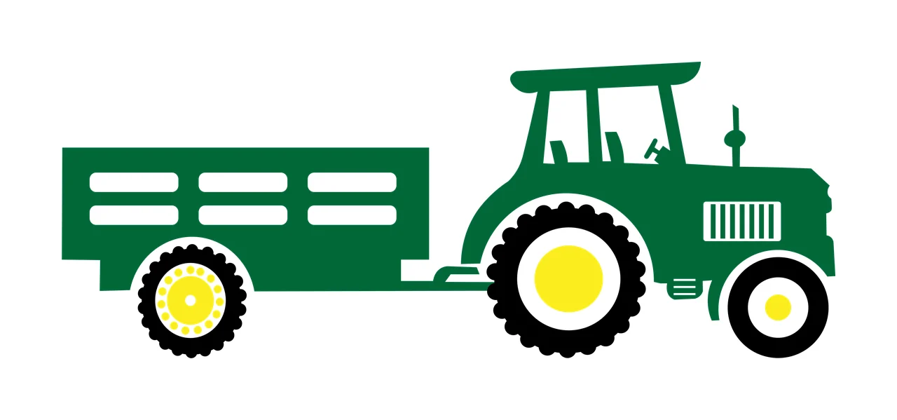 Green tractor with utility trailer Illustration with farm tractor, wheels, tires and hitch in yellow and black
