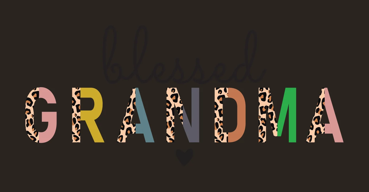 Blessed GRANDMA Typography Design with leopard print pattern, black script lettering, split block letters and small heart icon in tan and pink contrast preview thumbnail