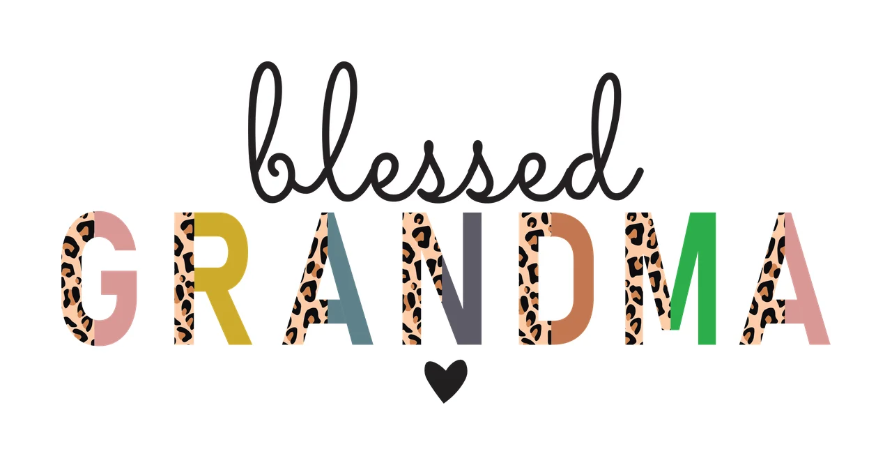 Blessed GRANDMA Typography Design with leopard print pattern, black script lettering, split block letters and small heart icon in tan and pink