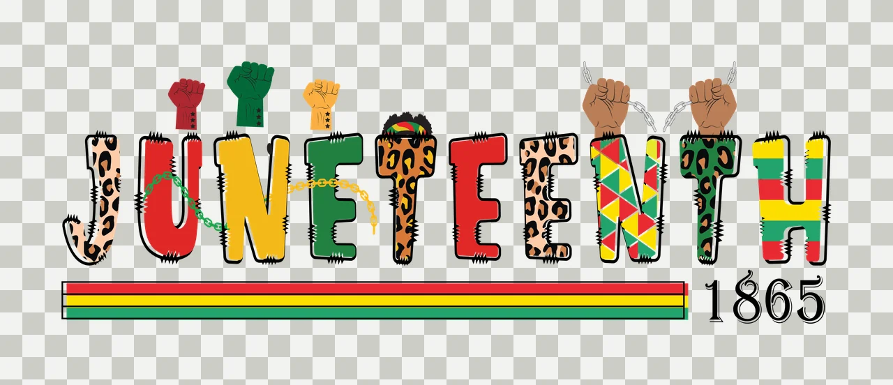 JUNETEENTH 1865 Juneteenth 1865 logo design with leopard print letters, raised fists, chain links and microphone in red, yellow and green transparency and detail preview thumbnail