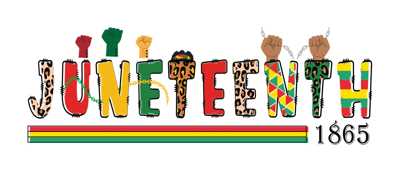 JUNETEENTH 1865 Juneteenth 1865 logo design with leopard print letters, raised fists, chain links and microphone in red, yellow and green