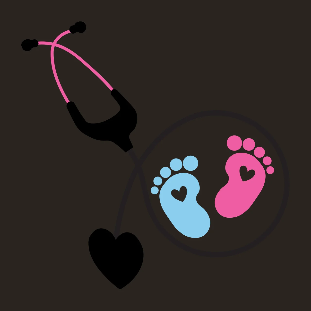 Stethoscope with baby footprints in earpiece circle Illustration with pink stethoscope tubing, black stethoscope body, black heart-shaped diaphragm and blue baby footprint with white heart contrast preview thumbnail