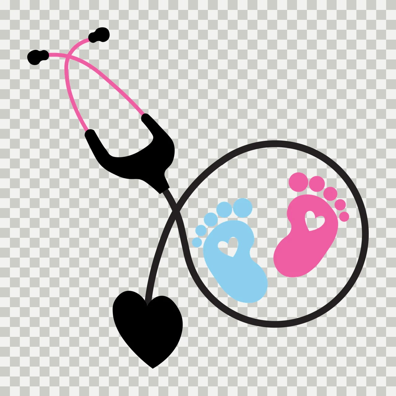 Stethoscope with baby footprints in earpiece circle Illustration with pink stethoscope tubing, black stethoscope body, black heart-shaped diaphragm and blue baby footprint with white heart transparency and detail preview thumbnail