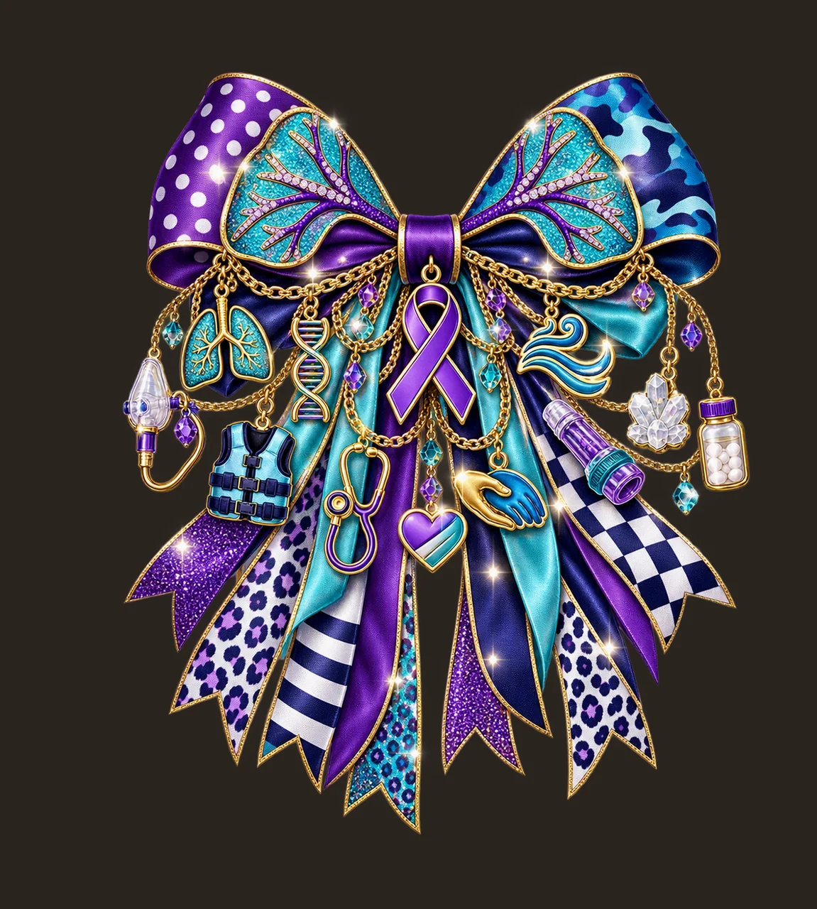 Cystic Fibrosis Awareness Bow Charm PNG, Themed Gold Chain Charms, Coquette Ribbon Sublimation Design, Transparent Digital Download contrast preview thumbnail