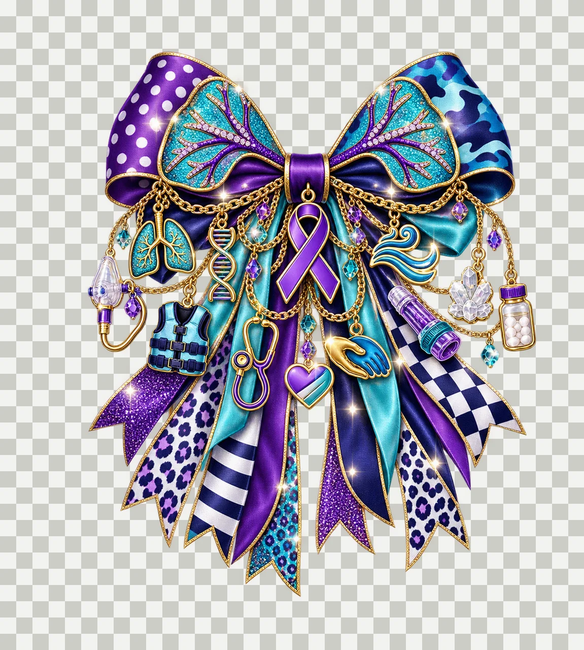 Cystic Fibrosis Awareness Bow Charm PNG, Themed Gold Chain Charms, Coquette Ribbon Sublimation Design, Transparent Digital Download transparency and detail preview thumbnail