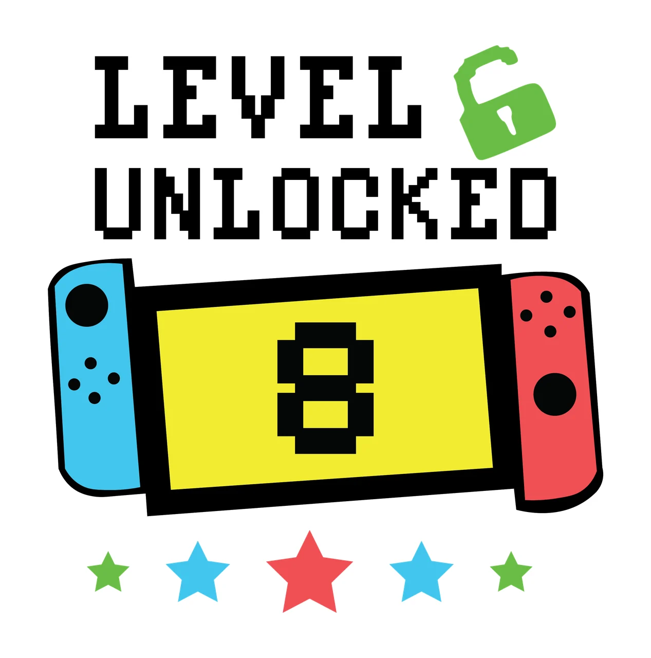 Level 6 Unlocked Text Banner Graphic lock stars black white