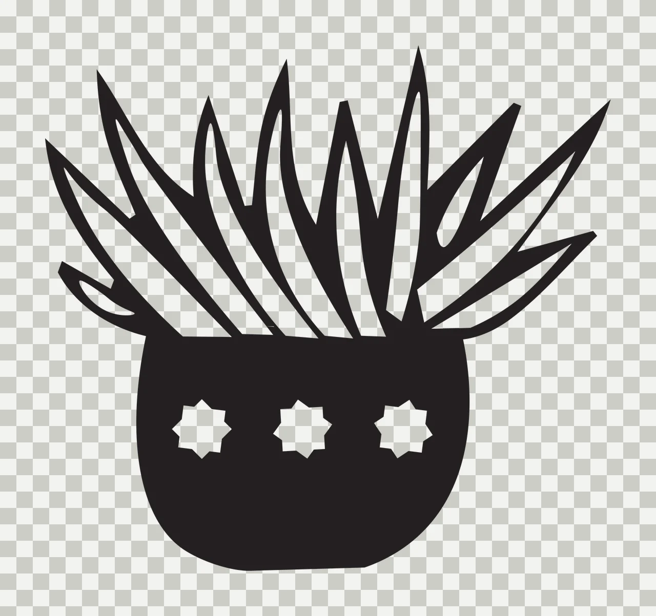 Silhouette Design of Potted plant with spiky leaves and star-shaped cutouts with black pot, spiky green-like leaves and three white star-shaped cutouts transparency and detail preview thumbnail