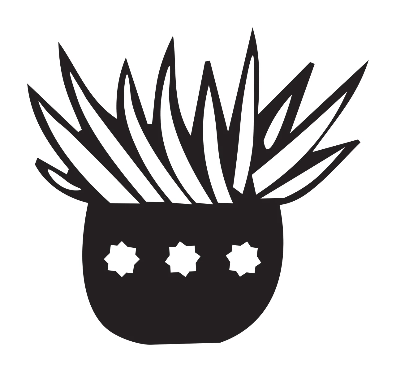 Silhouette Design of Potted plant with spiky leaves and star-shaped cutouts with black pot, spiky green-like leaves and three white star-shaped cutouts