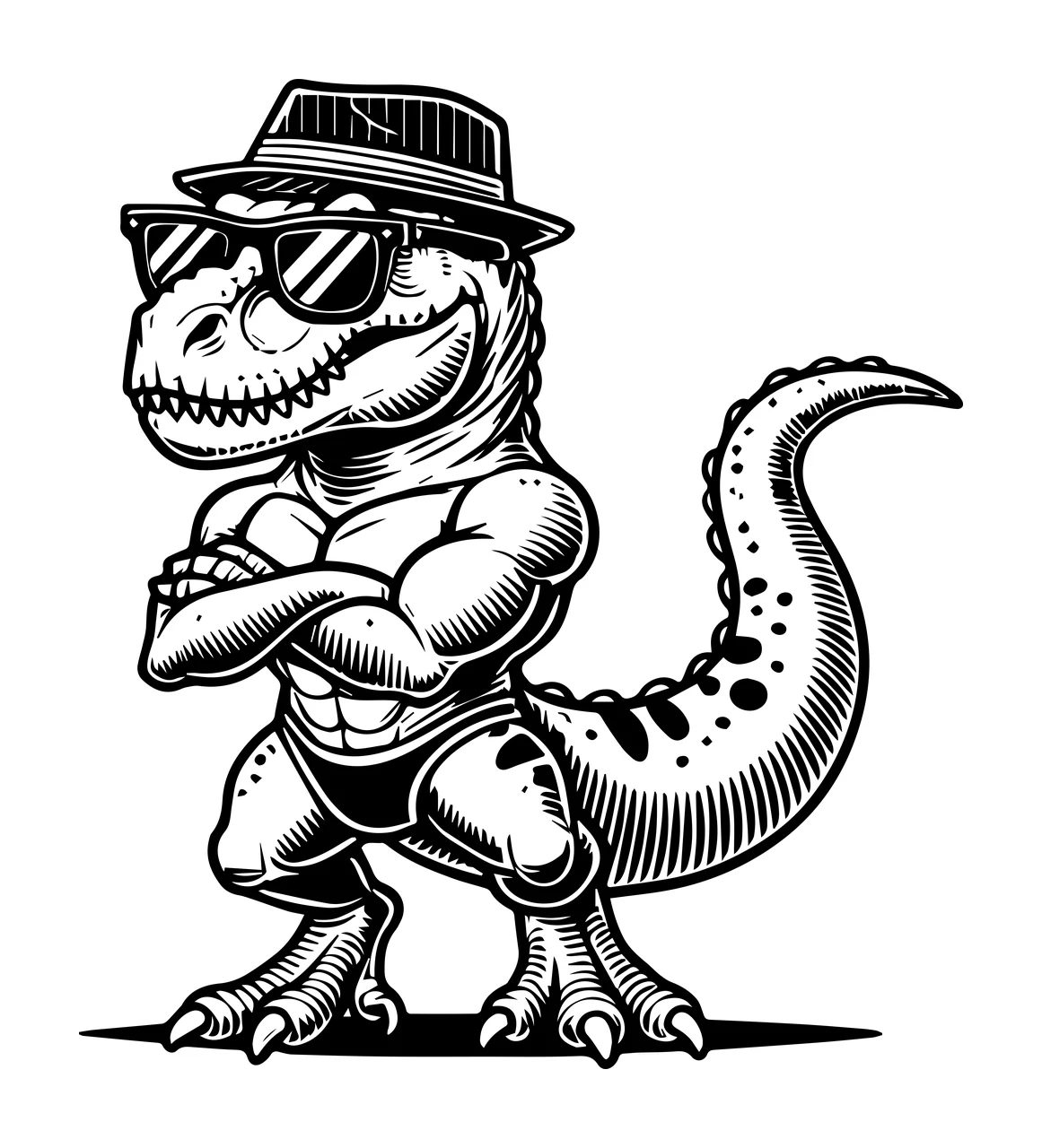 Dinosaur In Hat And Sunglasses standing muscles engraving black