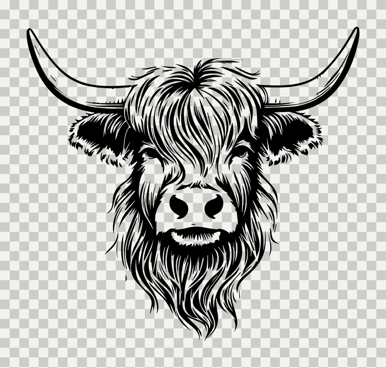 Highland Cow Head Front Portrait facing forward horns shaggy fur transparency and detail preview thumbnail