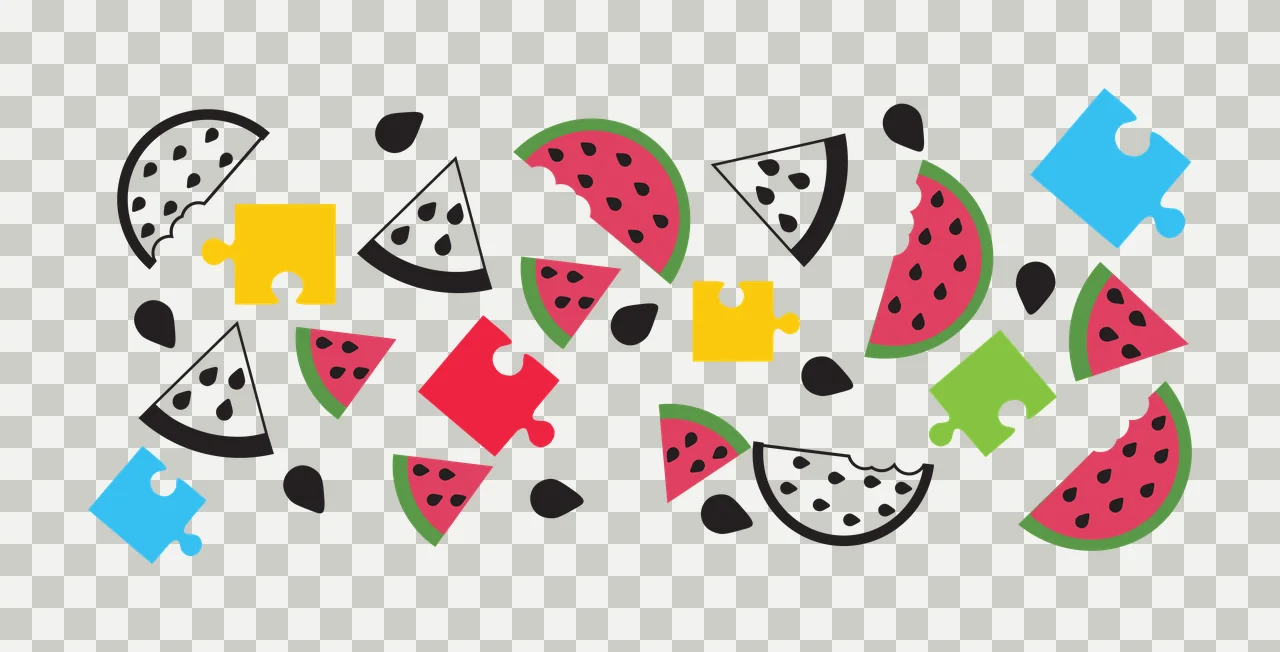 Watermelon and puzzle piece pattern Illustration with watermelon slices, puzzle pieces and watermelon seeds in red, green and black transparency and detail preview thumbnail