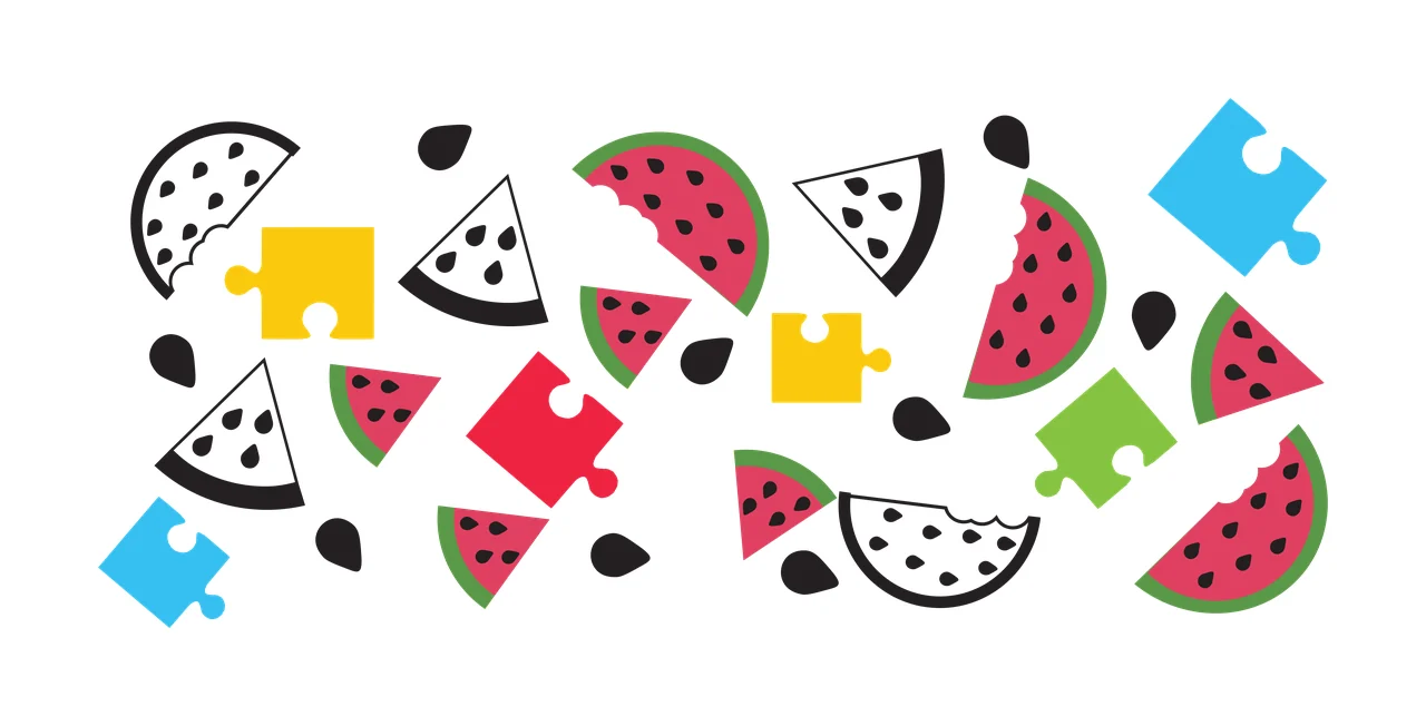 Watermelon and puzzle piece pattern Illustration with watermelon slices, puzzle pieces and watermelon seeds in red, green and black