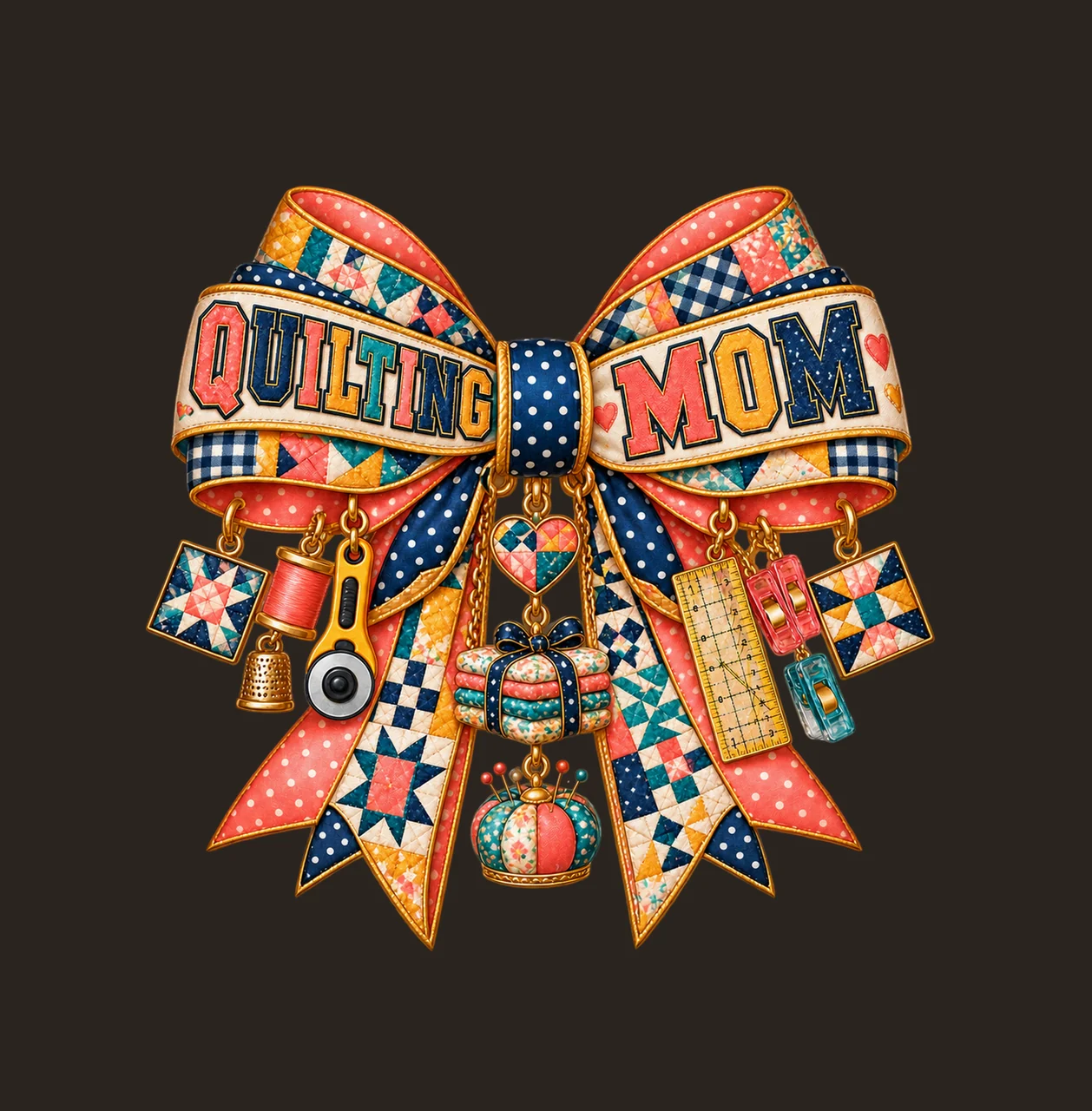 Quilting Mom Bow Charm PNG, Patterned Varsity Mom Ribbon Clipart, Transparent Sublimation Digital Download contrast preview thumbnail