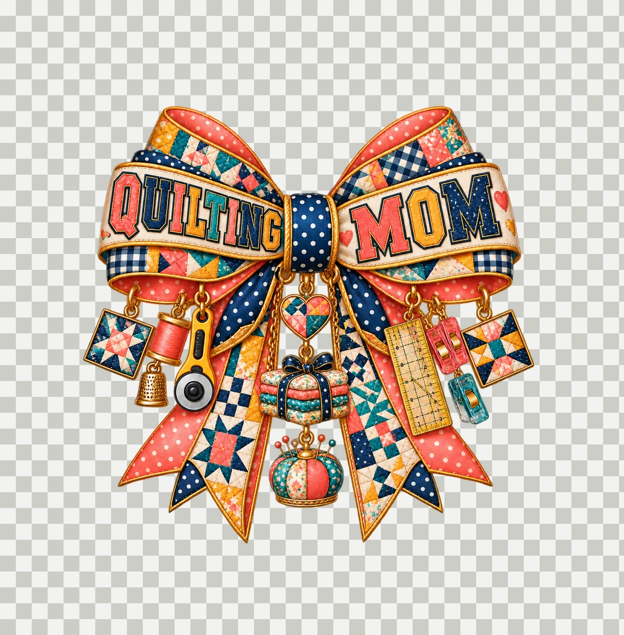 Quilting Mom Bow Charm PNG, Patterned Varsity Mom Ribbon Clipart, Transparent Sublimation Digital Download transparency and detail preview thumbnail