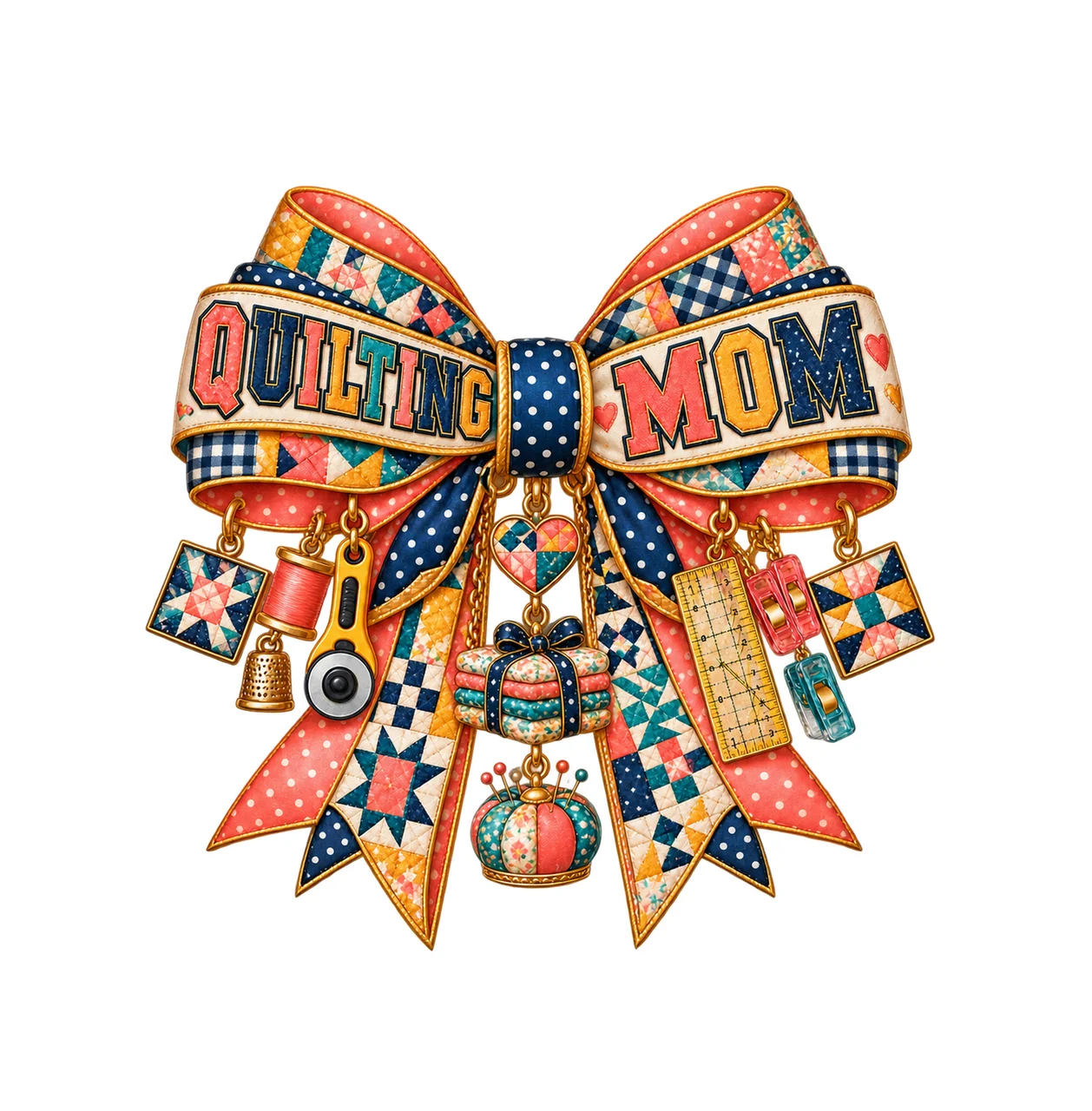 Quilting Mom Bow Charm PNG, Patterned Varsity Mom Ribbon Clipart, Transparent Sublimation Digital Download