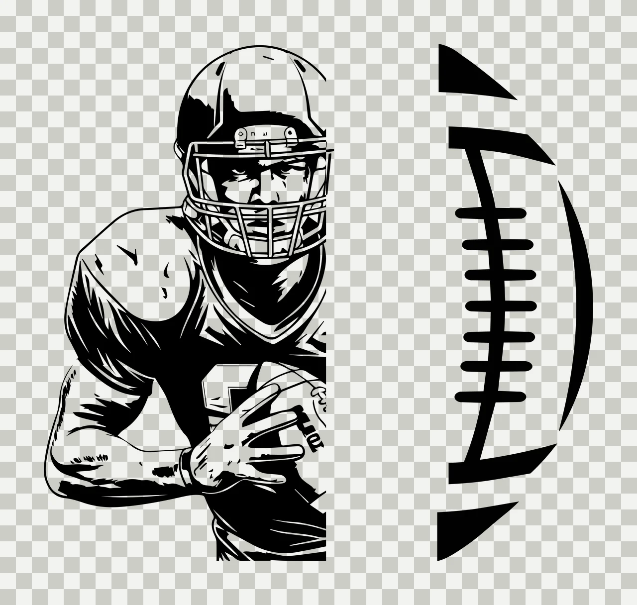 Football Player Profile With Ball Half holding helmet shoulder pads transparency and detail preview thumbnail