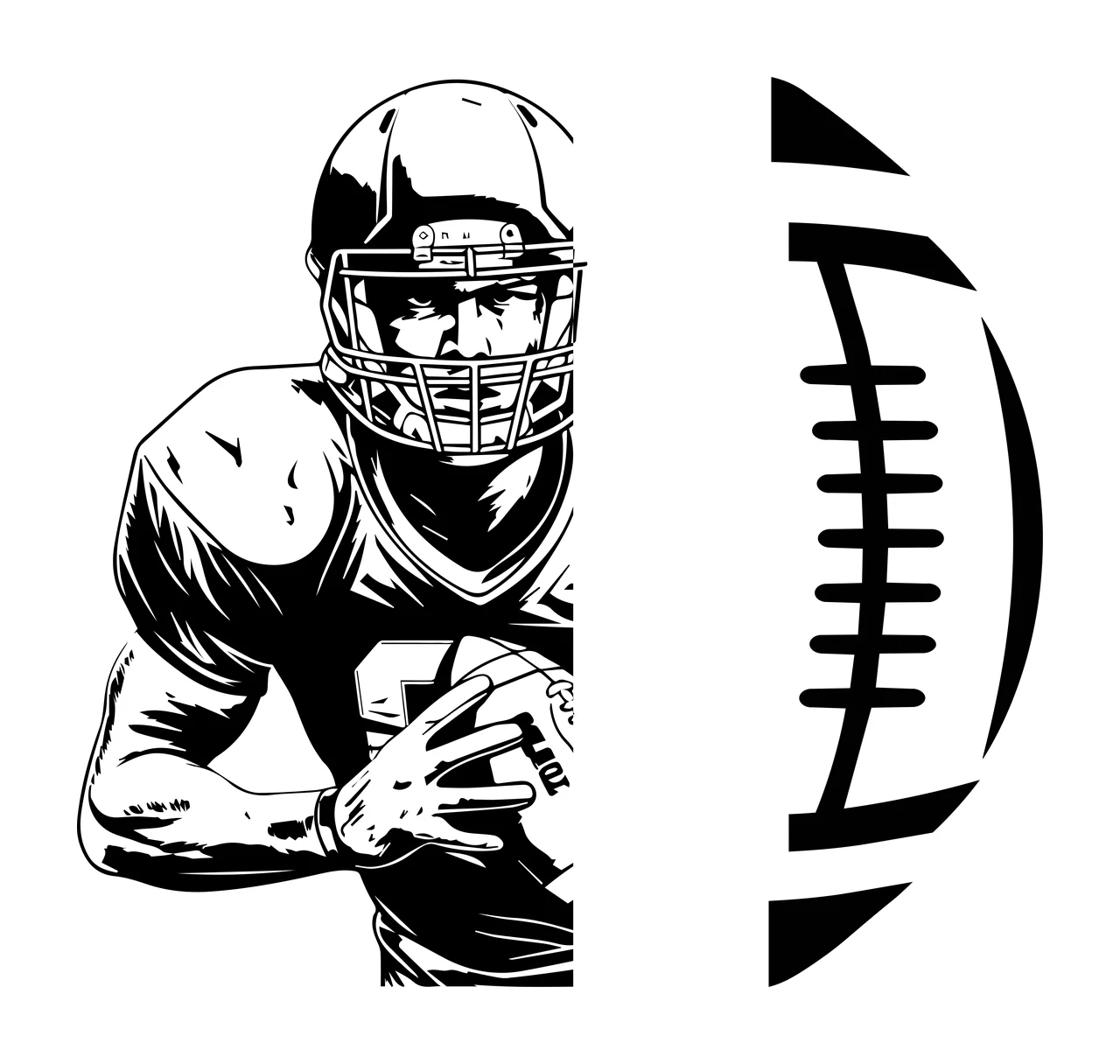 Football Player Profile With Ball Half holding helmet shoulder pads