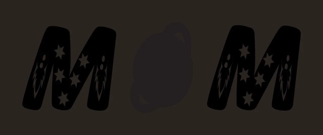 MOM Typography Design with letter M, ringed planet, rocket ships and five-pointed stars in black and white contrast preview thumbnail