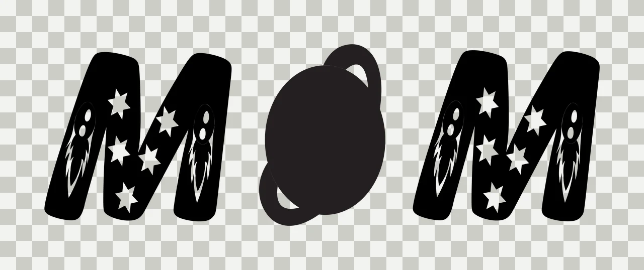 MOM Typography Design with letter M, ringed planet, rocket ships and five-pointed stars in black and white transparency and detail preview thumbnail