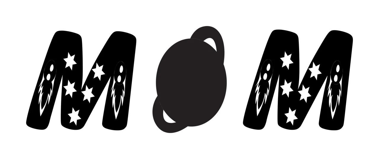 MOM Typography Design with letter M, ringed planet, rocket ships and five-pointed stars in black and white