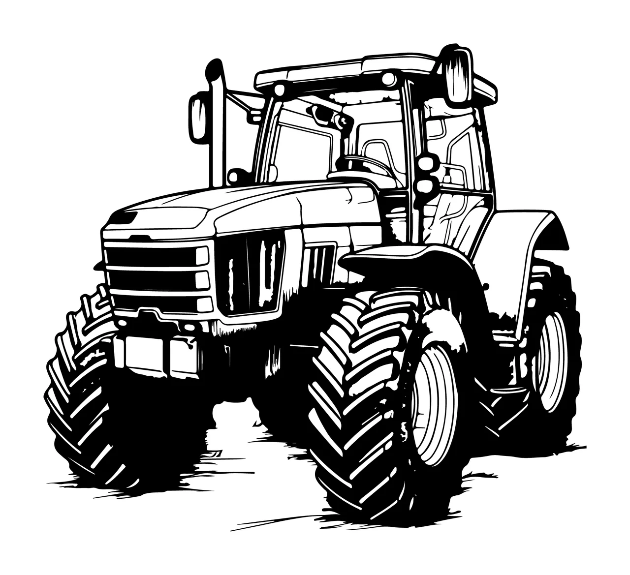 Large Agricultural Tractor Line Art tire exhaust pipe black