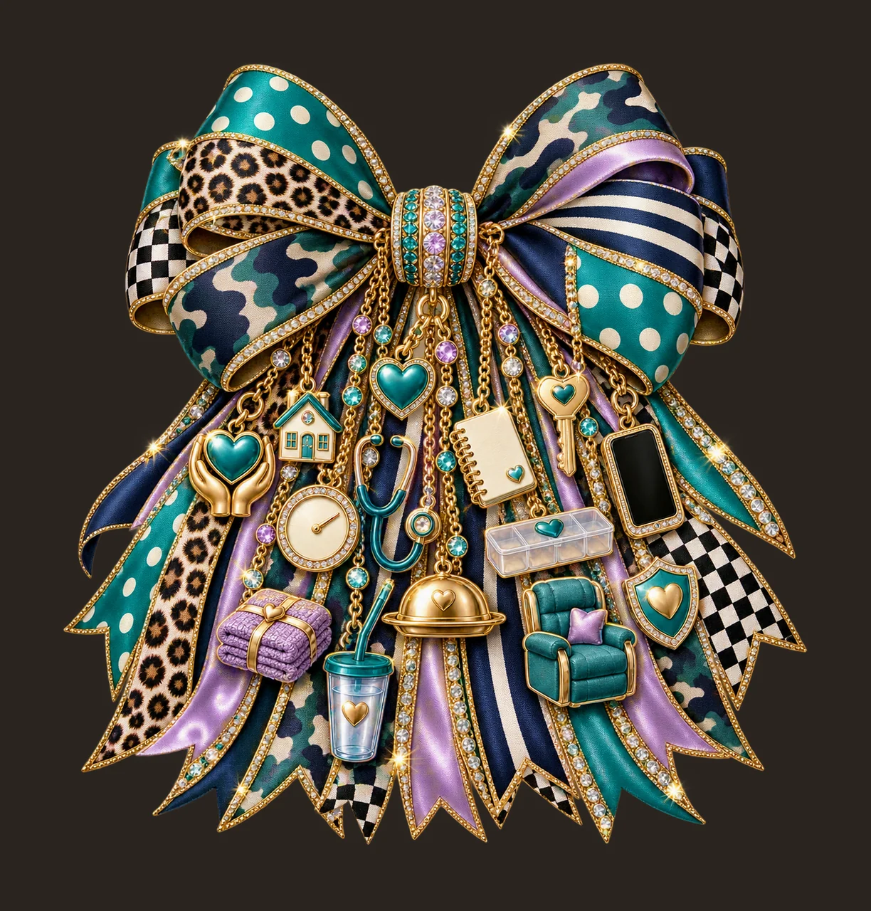 Professional Caregiver Bow Charm PNG, Themed Gold Chain Charms, Coquette Ribbon Sublimation Design, Transparent Digital Download contrast preview thumbnail
