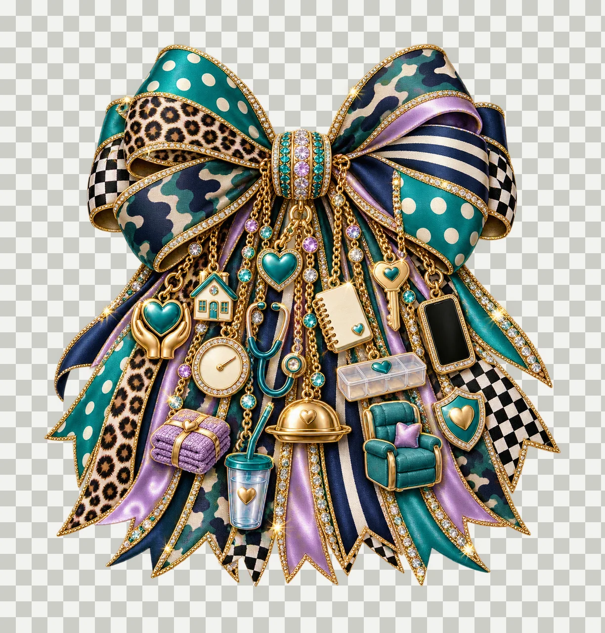 Professional Caregiver Bow Charm PNG, Themed Gold Chain Charms, Coquette Ribbon Sublimation Design, Transparent Digital Download transparency and detail preview thumbnail