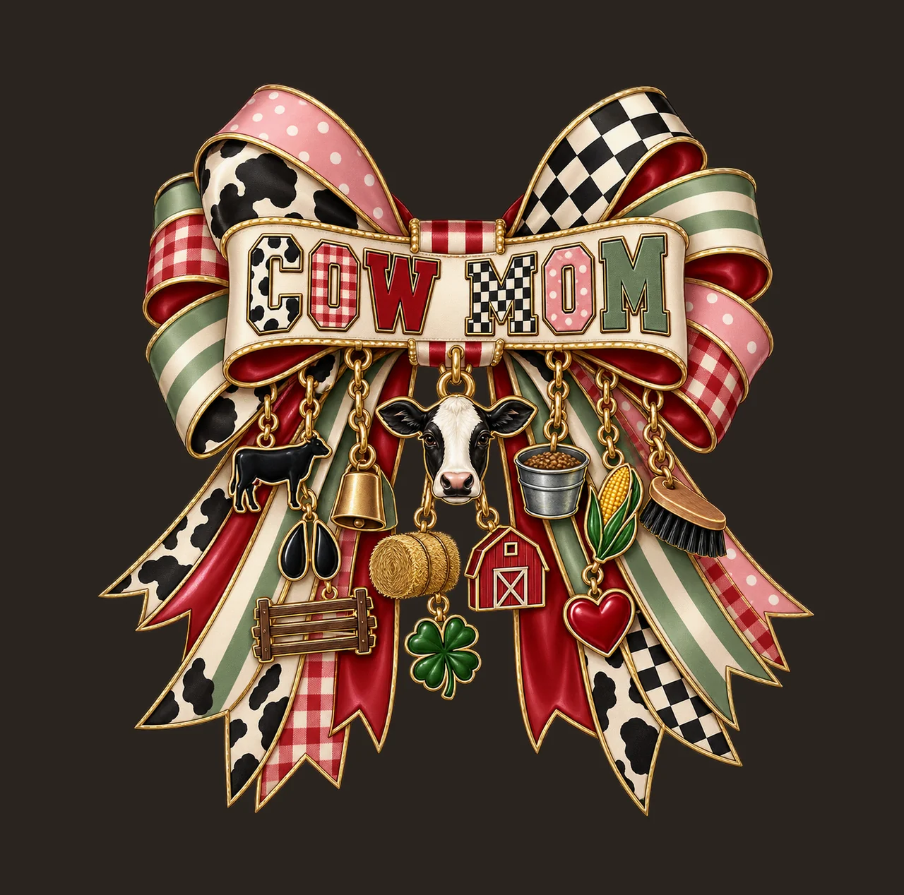 Cow Mom Bow Charm PNG, Patterned Varsity Mom Ribbon Clipart, Transparent Sublimation Digital Download contrast preview thumbnail