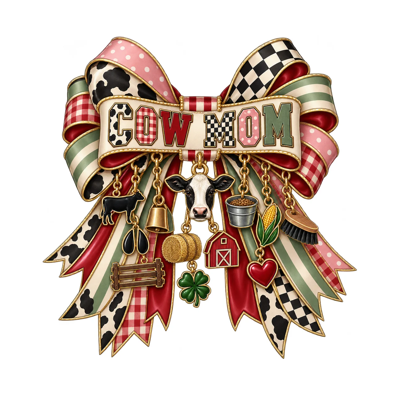 Cow Mom Bow Charm PNG, Patterned Varsity Mom Ribbon Clipart, Transparent Sublimation Digital Download