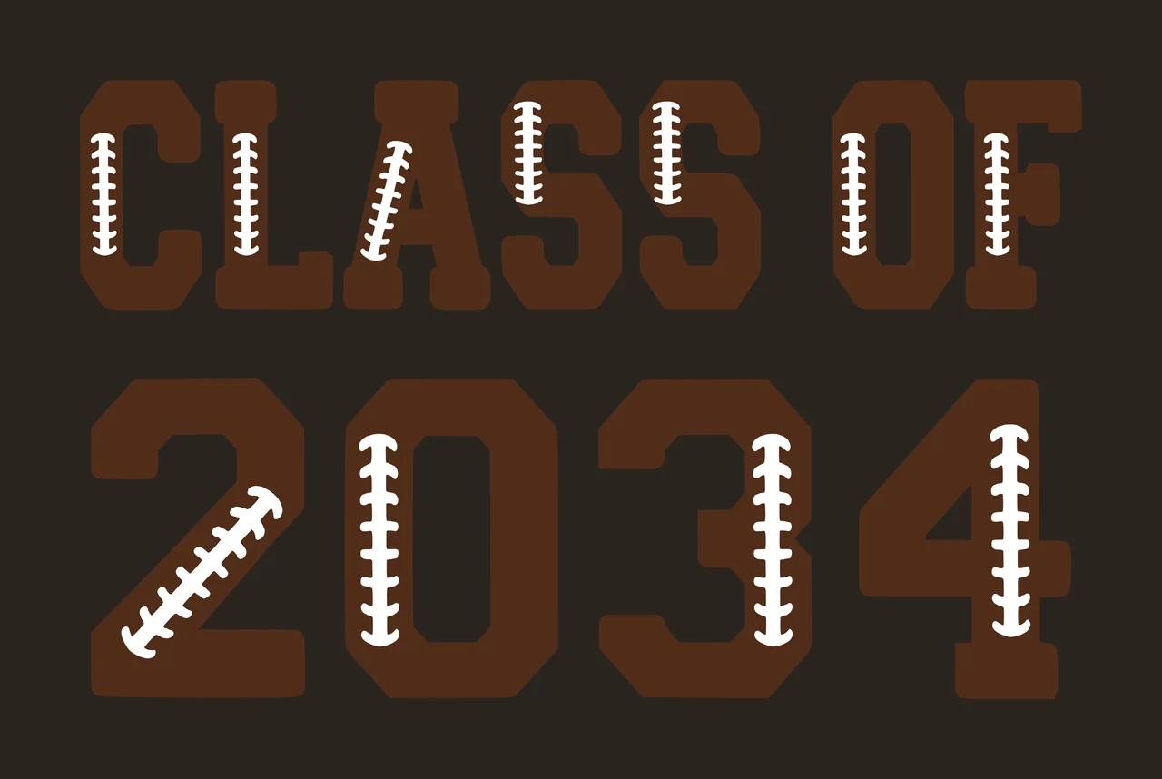 CLASS OF 2034 Typography Design with CLASS OF 2034 text, football laces pattern and athletic block font in brown and white contrast preview thumbnail