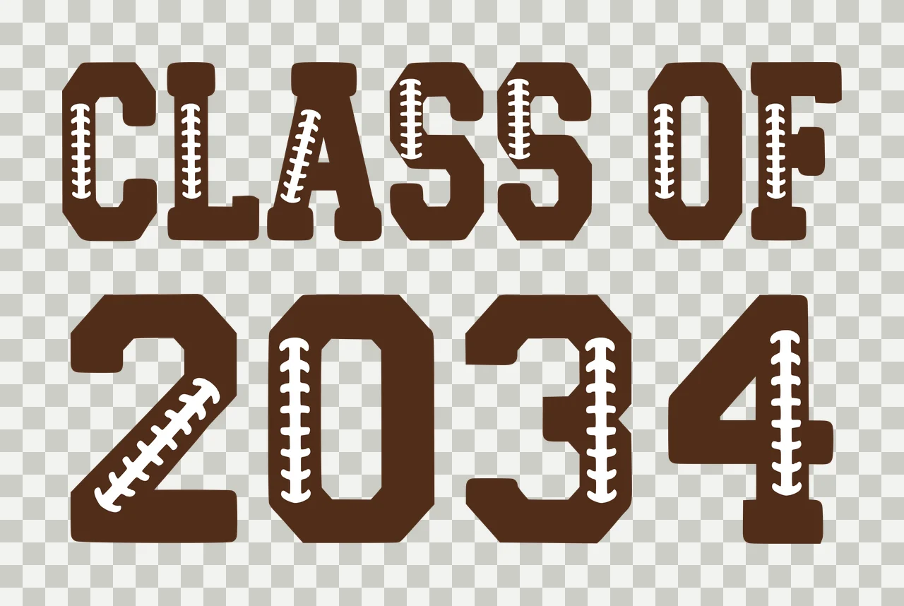 CLASS OF 2034 Typography Design with CLASS OF 2034 text, football laces pattern and athletic block font in brown and white transparency and detail preview thumbnail